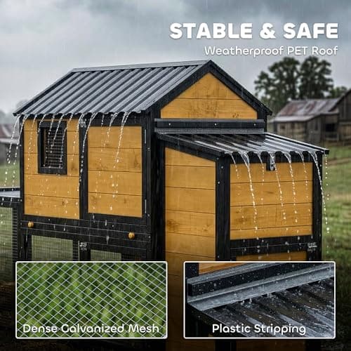 PawHut Large Chicken Coop, 134" L Wooden Chicken House with Run, Nesting Box, Slide-Out Tray, Waterproof Roof and Ramp, Hen House Rabbit Hutch for 4-6 Hens, Rabbits, Yellow — view 3