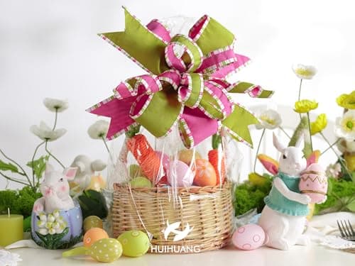 HUIHUANG Hot Pink and Lime Dupioni Wired Ribbon with Striped Border 2.5 Inch Wide 10 Yards Easter Ribbons for Easter Basket Floral Arrangement Bunny Decor Spring Holiday Wreath DIY Crafts — view 2