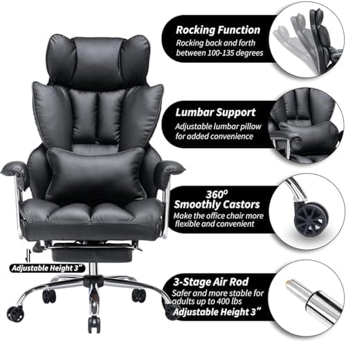 Efomao Big and Tall Office Chair with Foot Rest 400LBS, PU Leather Computer Chair, Heavy Duty Executive Office Chair with Lumbar Support, Black Home Office Chairs — view 5
