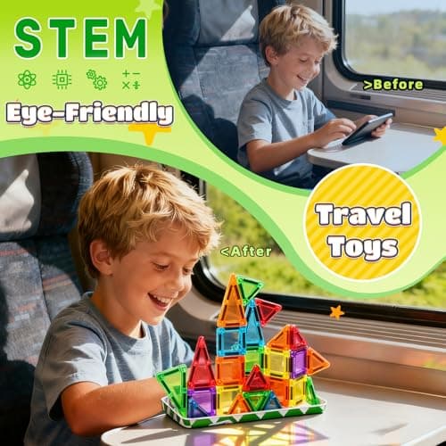 MAGBLOCK 30PCS Mini Magnetic Tiles with Portable Iron Box, Travel Size Toys Magnetic Building Blocks Set for Kids Ages 3+, STEM Sensory Montessori Toys for Road Trip Essentials Airplane Car Activities — view 2
