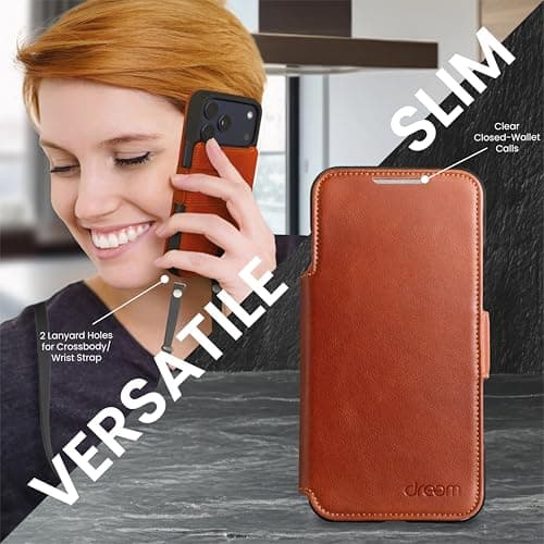 Dreem Real Leather Wallet Case for iPhone 17 Pro Max, Revolutionary Vert/Hor Phone Stand, Magnetic Detachable Flip Cover RFID Blocking Card Holder, MagSafe-Fit, Gift Box [Fibonacci: Caramel] — view 4