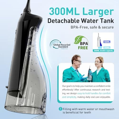 COSLUS ADA Accepted Water Dental Flosser Teeth Pick C20: Portable Cordless Oral Irrigator 300ML Rechargeable Travel Irrigation Cleaner IPX7 Waterproof Electric Flossing Machine, Professional Set Black — view 2
