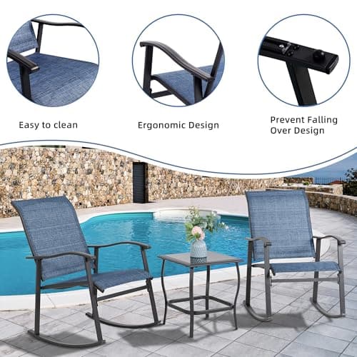 Vongrasig 3 Piece Outdoor Rocking Bistro Set, Textilene Fabric Small Patio Furniture Set, Front Porch Rocker Chairs Conversation Set with Glass Table for Lawn, Garden, Balcony, Poolside (Denim Blue) — view 3