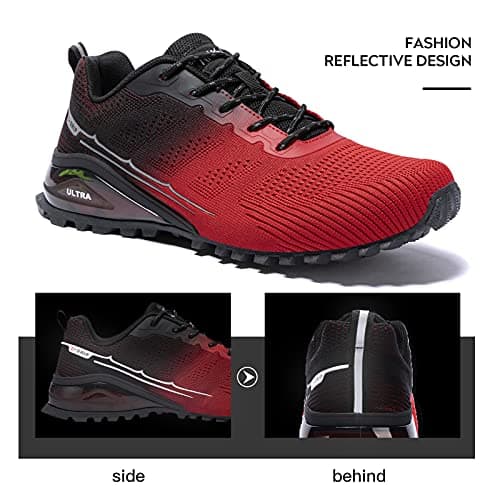 Kricely Men's Trail Running Shoes Fashion Hiking Sneakers for Men Tennis Cross Training Shoe Red Black Non-Slip Walking Footwear Size 10.5 Wide — view 5