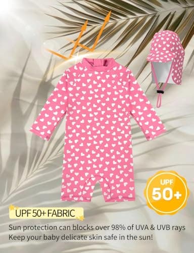 weVSwe Baby Girl Bathing Suit UPF 50+ All in One Sunsuit Swimwear Long Sleeve Toddler Girl Swimsuit with UV Hat Pink Heart 0-6 Months — view 2