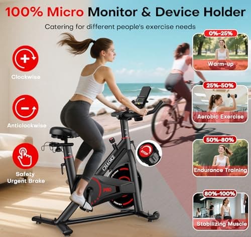 CHAOKE Exercise Bike, Quiet Adjustable Magnetic Stationary Bike for Home Cardio with App Compatible, 350LB Weight Capacity Indoor Cycling Bike with Large Seat, Dumbbell Rack, Pull Cords & LCD Display — view 2