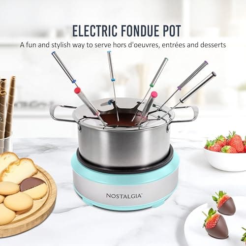 Nostalgia 8-Cup Electric Fondue Pot Set for Cheese & Chocolate - 8 Color-Coded Forks, Temperature Control - Kitchen Gadgets and Appliances for Hors d'Oeuvres and More - Aqua
