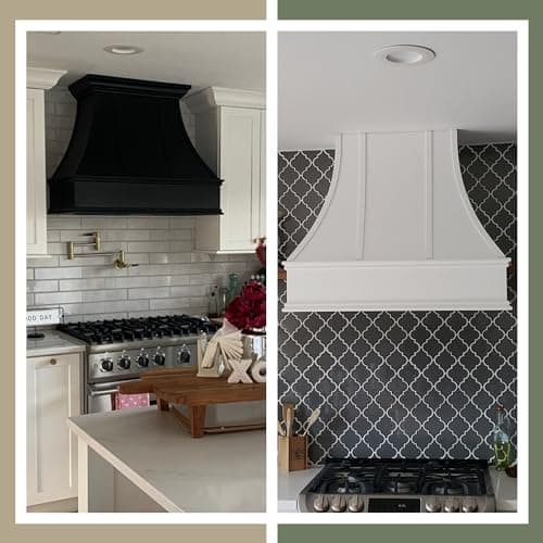 Riley & Higgs Black Wood Kitchen Range Hood Cover, Curved Front Wall Mount Vent Hood, Decorative Strapping & Classic Trim, Plywood with Maple, 31.5” W x 48” H
