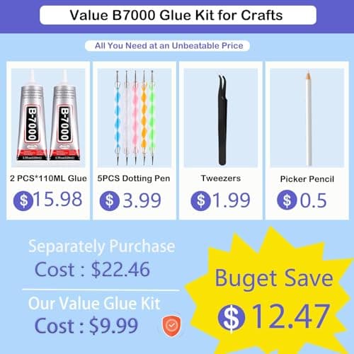 B7000 Adhesive Rhinestones Glue for Crafts, 2PCS 110ml / 3.7 fl oz with 5 Dotting Pen Tool, Wax Pencil and Tweezer, Jewelry Glue for DIY Craft, Makeup, Shoes, Jewelry Making, Nail Art