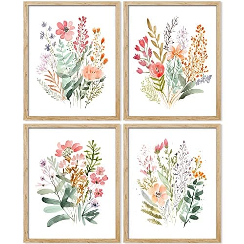 SIGNWIN Framed Colorful Wildflower Forest Bouquet Wall Art, Set of 4 Nature Wilderness Wall Decor Prints, Botanical Floral Wall Décor for Living Room, Bedroom - 8"x10" Natural