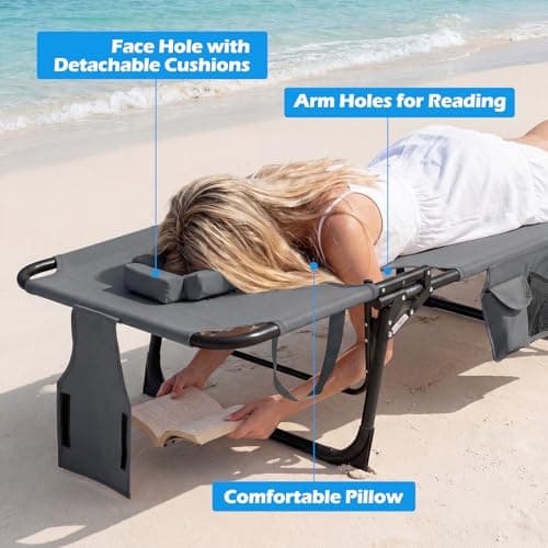 GYMAX Tanning Chair with Face Hole, Sun Bathing Lounge Chairs for Outside with Side Pocket, Folding Portable Face Down Layout Tanning Chair Beach, Backyard, Poolside, Lawn (1, Grey) — view 4
