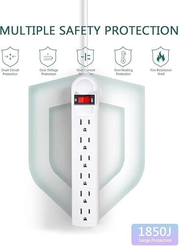 Extension Cord 6 ft with Holder- Long Power Strip Surge Protector, 6 AC Outlet Flat Plug, Wall Mount, Multi Plug Outlet Extender Desk Charging Station for Computer Home Office Dorm Room Essentials — view 2