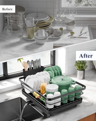 Kitsure Dish Drying Rack for Kitchen Counter, Stainless Steel Sink Organization and Storage Essentials with Cutlery Holder, Home and Appartment Decor, 12''W x 15.5''L, Black — view 7