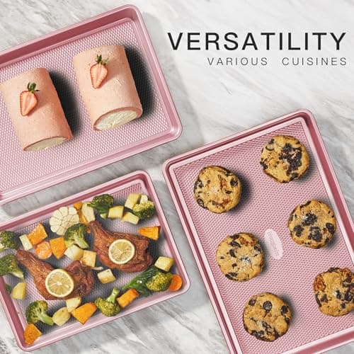 HONGBAKE Baking Sheet Pan Set, Cookie Sheets for Oven, Nonstick Half/Quarter/Jelly Roll Pans with Diamond Texture Pattern, Heavy Duty Cookie Tray, Pink — view 2