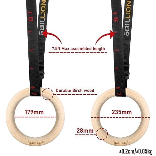 1.1 inch Gymnastic Rings with Number Strap,5BILLION Wooden Olympic Rings with Straps 2x15ft,Wood Gym Rings for Home Gym Full Body Workout,Quick Install Cam Buckle