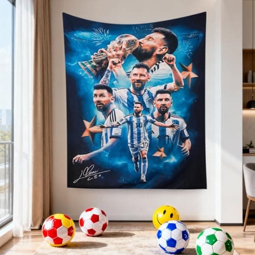 World Cup Soccer Superstar Lionel Messi Wall Tapestry For Teens Fans Bedroom Wall Hanging Decoration Wall Poster Decor Fabric-Printed Decor Wall Hanging Tapestry HD Fade-Resistant Polyester Wall Poster for Living Room Bedroom 35.4x47.2inches (Black-Blue)