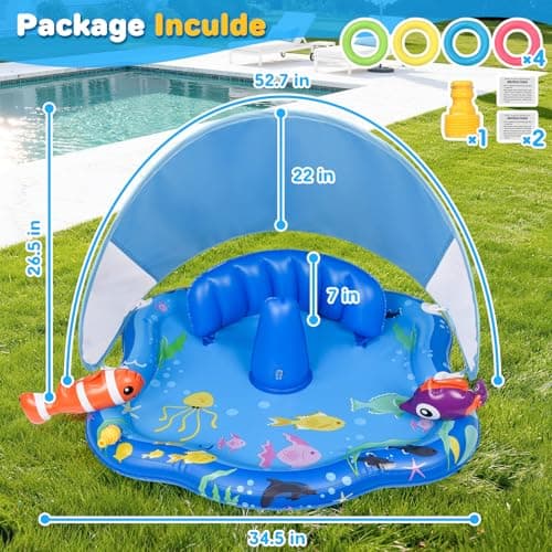 Baby Pool Float with Sprinkler, Inflatable Baby Splash Pad with Stackable Rings Game, Baby Splash Mat with Canopy & Backrest for Toddlers Garden, Beach, Backyard and Bathroom (Blue) — view 3