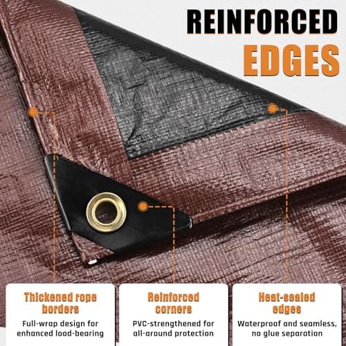 10x12FT Waterproof Tarp, Yumatum 10 Mil Heavy Duty Tarps with Reinforced Edges/Brass Grommets, 100% UV Blocking/Tear Resistant Poly Tarp for Camping, Patio, Tent, Boat(Brown/Black) — view 2