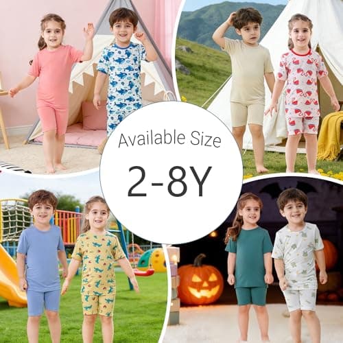MICHLEY Bamboo Toddler Pajamas 2T - Soft Rayon Bamboo Sleepwear Short Sleeve PJS Set, 4-Piece Top & Shorts Casual Outfit, Mommy and Me PinkBeige Outfits Machine Wash, Gift for Boys Girls