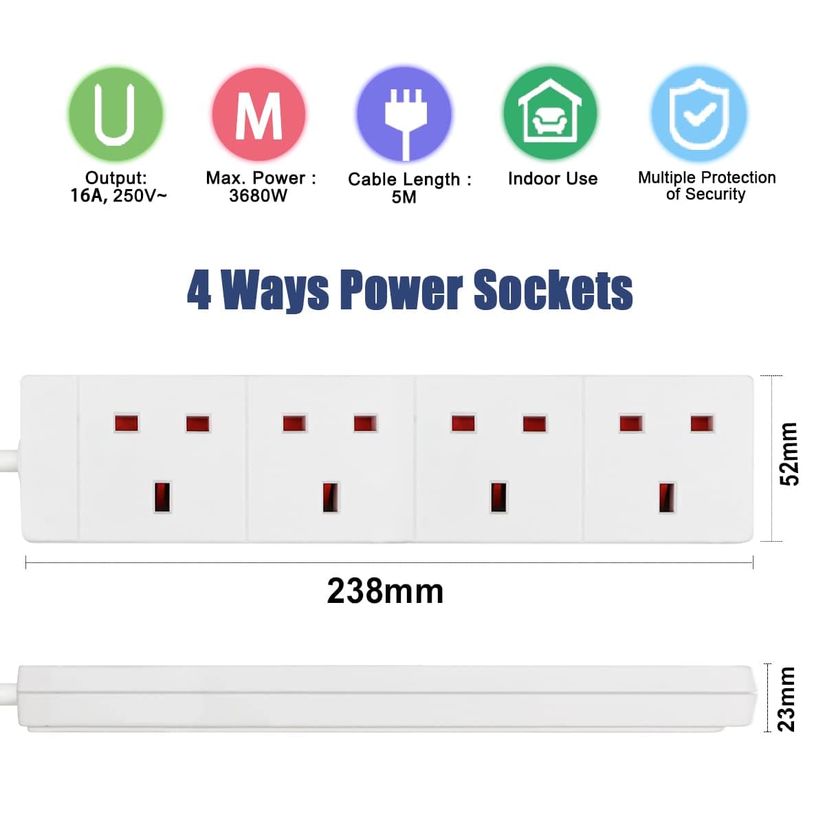 ExtraStar 4 Way Extension Lead, 13A Fused UK Plug Extension Socket, 5M Extension Cable Power Strip - White — view 2