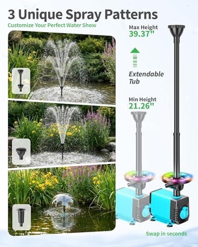 POPOSOAP Pond Fountain Pump Kit with RGB Lights & Remote Control, 660GPH Quiet Submersible Water Pump, 3 Nozzles for Garden Ponds, Fish Tank, Backyard Water Features Decor P1104D — view 3