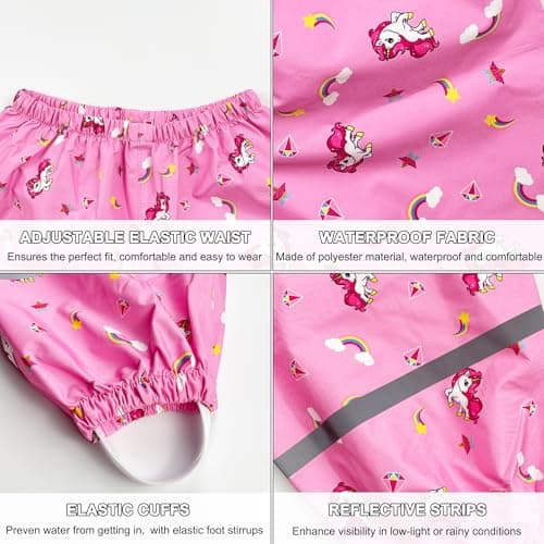 Fewlby Toddler Rain Pants Kids' Waterproof Rain Pants Lightweight Reflective Rain Wear for Boys Girls Pink — view 3