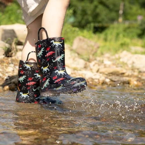 EUXTERPA Kids Toddler Light Up Rain Boots Boys Waterproof Patterns and Glitter Boots with Easy On Handles, Black Dinosaur, Toddler Size 9