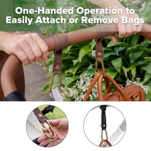 haakaa Baby Stroller Hooks for Bags丨Universal Stroller Straps and Hooks, Non-Slip with One-Hand Opening, Multipurpose Hooks for Diaper Bags, Backpacks, Bikes & Shopping Carts - Brown, 2 Pack — view 5