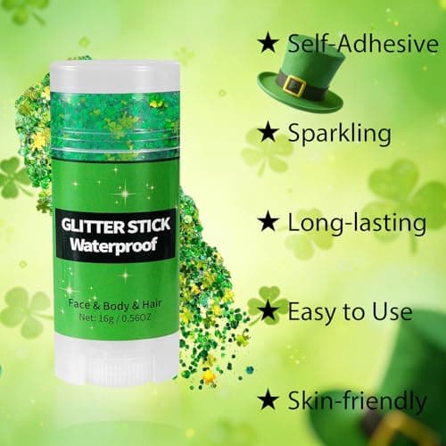 Mysense Shamrock Glitter Stick for Face Hair Body, St Patricks Day Accessories, Irish Festival Four Leaf Clover Green Glitter Makeup for Saint Patrick’s Day Outfit Women Girls Kids — view 2