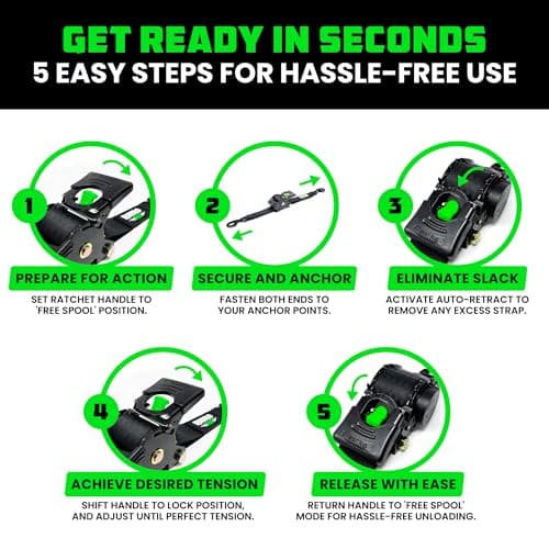 Rhino USA Retractable Ratchet Straps (2-Pack) - 2 Inch x 10 Feet (3,033lb Break Strength) - Heavy Duty Auto Self Retracting Tie Down Straps for Truck, Cargo Trailer, Motorcycle, Rad & More - Black — view 5