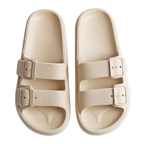 GETOEU Cloud Slides for Women and Men Adjustable Double Buckle Pillow Slides Slip Resistant Shower Shoes Recovery Slide Sandals Cushion Platform Heel Pillow Slippers Comfort Indoor and Outdoor Slide,Beige — view 4
