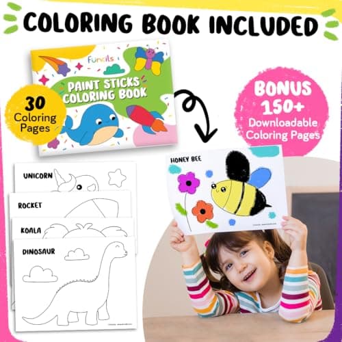 Funcils 24 Thin Tempera Paint Sticks for Kids Washable (Coloring Book incl) | Non-Toxic Markers for Toddlers 1-3 | Works on Paper, Canvas, Wood, Cardboard - Painting Crayons, Art and Craft Supplies — view 3