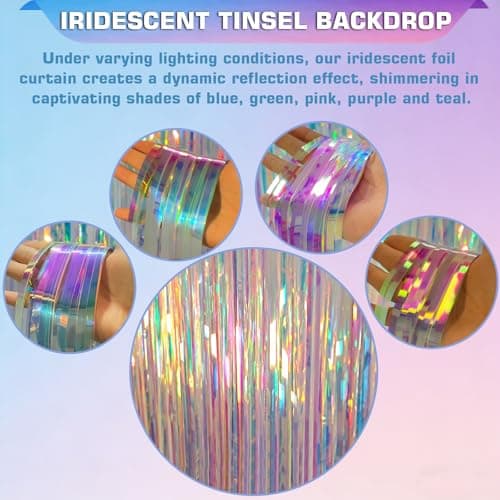 Melsan Iridescent Foil Fringe Backdrops Party Decorations - 2 Pack 3.2 x 6.5 ft Metallic Tinsel Photo Backdrop Curtains for Mermaid Unicorn Birthdays Parties - Iridescent 2 Packs — view 2
