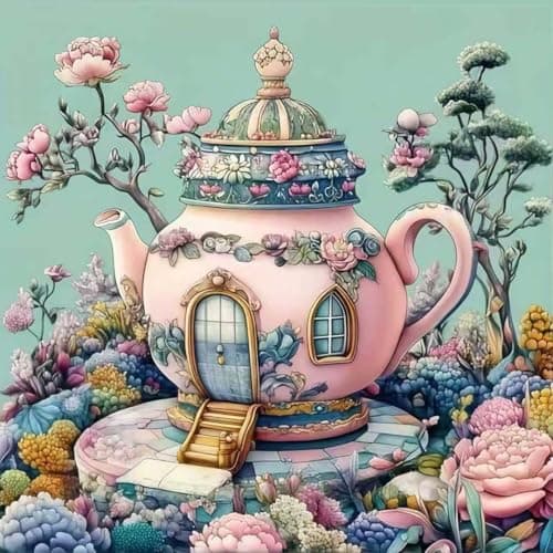 Teapot Castle Diamond Art Kits for Adults,5D Diamond Painting Kits for Beginner,DIY Full Round Drill Flower Diamond Dot Gem Painting With Dot Art Craft Kits for Home Wall Decor 13.79 x 13.79inch