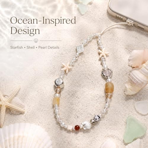 Beaded Phone Charm Strap with Shell and Starfish, Aesthetic Pearl Wrist Lanyard for Phone Case, Camera, Bag or Keychain, Cute Beach Vibes Accessory for Women & Girls — view 5