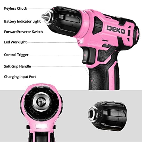 DEKOPRO Drill Set, Home Tool Set with 8V Pink Cordless Drill, Hand Tool Kit for Women, 126 pcs — view 3