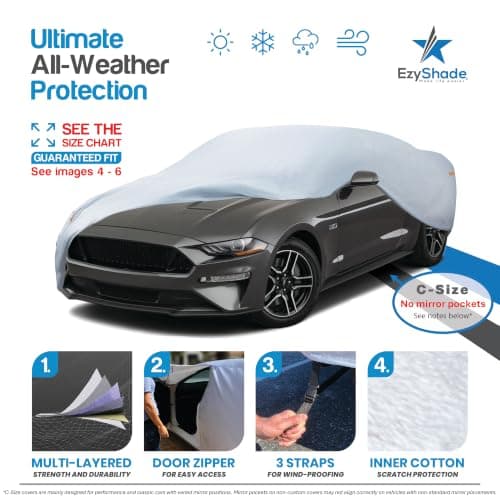 EzyShade 10-Layer Waterproof Sports Car Cover. See Vehicle Size-Chart for Accurate Fit. All Weather Full Outdoor Covers. Miata Porsche SLK Z3 Z4 Classic Cars. Sun Snow Rain. Size C1 (See SizeChart)