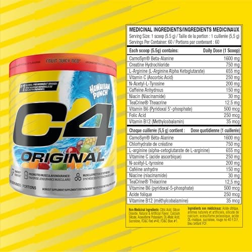 Cellucor C4 Original Pre Workout Powder - Sugar Free Preworkout Energy for Men & Women - 150mg Caffeine, Beta Alanine, Creatine - Hawaiian Punch Fruit Juicy Red, 60 Servings — view 4
