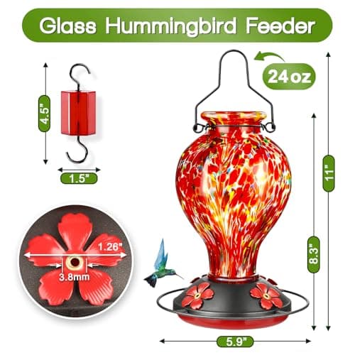 Tegarbed Hand Blown Glass Hummingbird Feeders for Outdoors Hanging, 24oz Wild Bird Nectar Feeder with Ant Moat and Perch, Bee-Resistant Ports, Garden Decor, Gifts for Women Mom, 1 Pack, Red Polka Dots