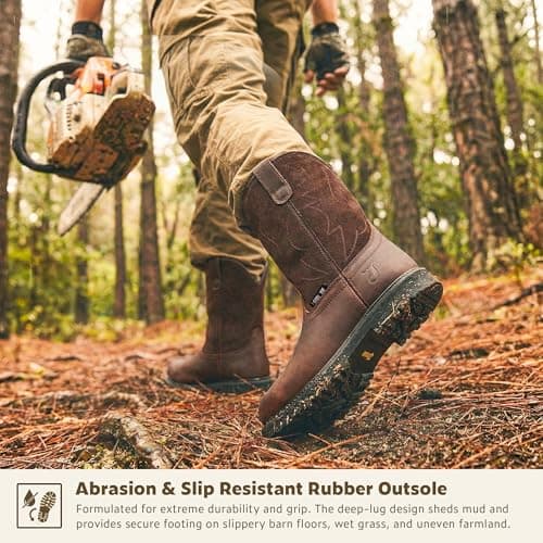 J‘s.o.l.e Men's Steel Toe Cowboy Work Boots Round Toe Pull-On Leather Safety Shoes Oil Slip Resistant Heavy Duty Brown US 12 — view 2