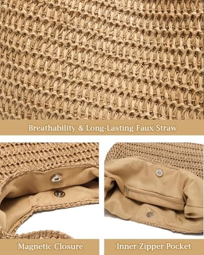SUANNI khaki Straw Beach Bag for women, Woven Tote Hobo Bags, Lightweight Casual Boho Summer Tan Shoulder Handbag, Packable Mesh Everyday Purse for Holiday Shopping Travel — view 5