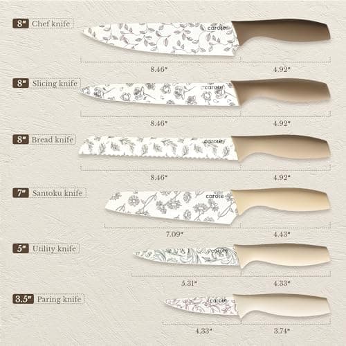 CAROTE 12PCS Knife Set, Kitchen Knife Set with 6 Blade Guards, Stainless Steel Knives Set With Nonstick Ceramic Coating, Rustproof, Delicate Floral Designs, White