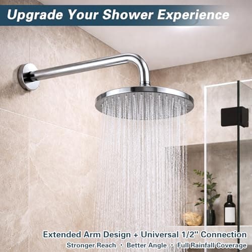 12 Inch Shower Arm with Flange, Wall Mount 90 Degree Shower Head Extension Arm, Stainless Steel Shower Head Arm for Fixed Shower Head & Handheld Showerhead, Brushed Chrome — view 2