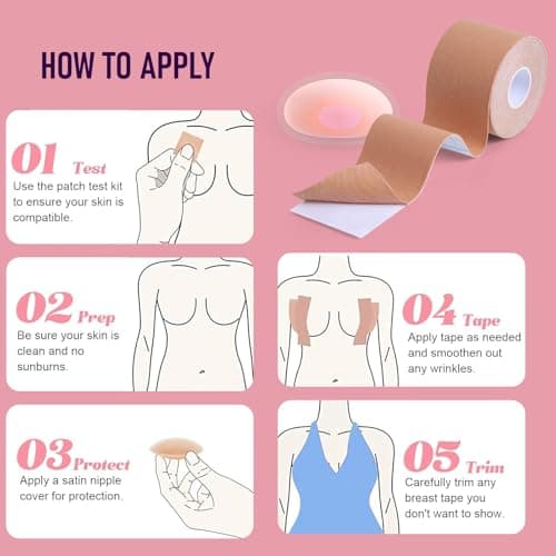 Ultimate Breast Tape Kit for Women, 1 Roll Boob Tape, 8 Pairs Nipple Covers, 41pcs Fashion Tape Strips and Test Pad, Hypoallergenic, Waterproof & Reusable for Dresses, Weddings, Sports — view 5