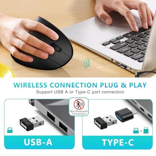 Lekvey Ergonomic Mouse, USB C Wireless Vertical Mouse, Dual Mode Rechargeable USB-A & Type-C Ergo Mouse, 1600 DPI, Relieves Wrist Pain and Carpal Tunnel, for Laptop Computer Mac MacBook PC, Black — view 3