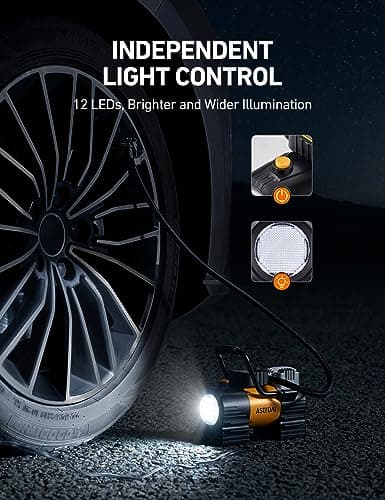 AstroAI Tire Inflator Portable Air Compressor (Up to 150 PSI) Tire Pump for Car 12V DC Digital Air Pump with 12 LEDs Super Bright Light for Bicycle, Motorcycle, Automotive Car Accessories — view 4