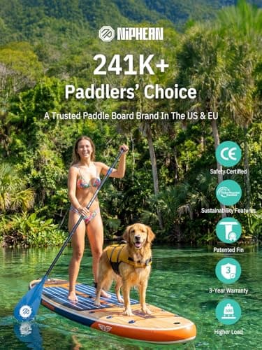 Niphean (Extra Large) Inflatable Paddle Board, SUP for 2+1 People/Family 500lbs Capacity Stand Up Paddle Board with SUP Accessories, StabilTrac Fin Non-Slip Paddleboard for Adults-Light Gray