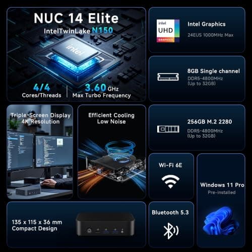 ASUS NUC 14 Essential, Intel NUC 14 N150 Mini PC, 8GB DDR5 RAM, 256GB SSD