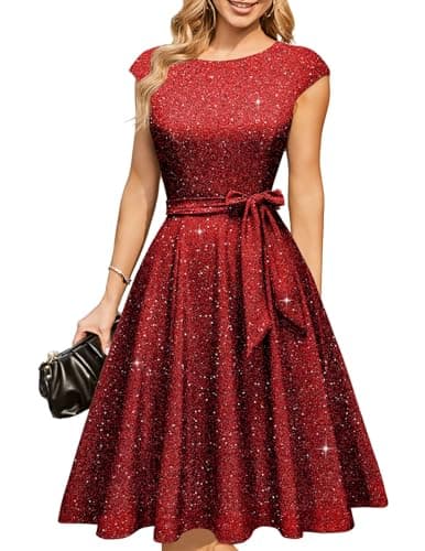 DRESSTELLS Cocktail Dresses for Women 2026 Modest Formal Wedding Guest Valentine's Day Tea Party Sequin Sparkly Knee Length Prom Dress Glitter_Burgundy M