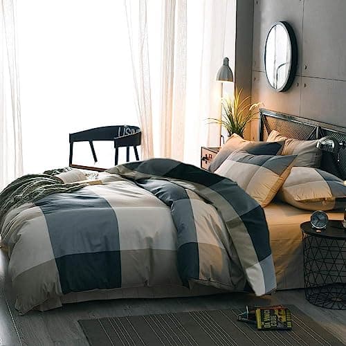 LifeTB Cotton Plaid Duvet Cover Full Size Geometric Grid Checkered Bedding Sets Modern Style 3 Piece Comforter for Men Women with Zipper Ties Full(80''x90'') — view 3